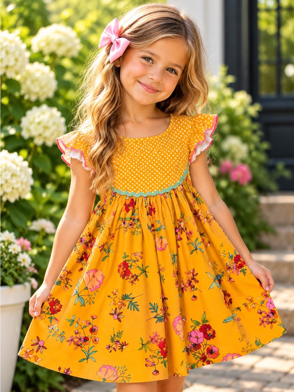 Matilda Jane Girls Size 4 Mustard Floral Polka Dot Dress